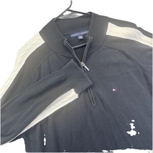 Tommy Hilfiger Logo Quarter Zip Knit Sweater XXL Black 100% Cotton Vintage 90s